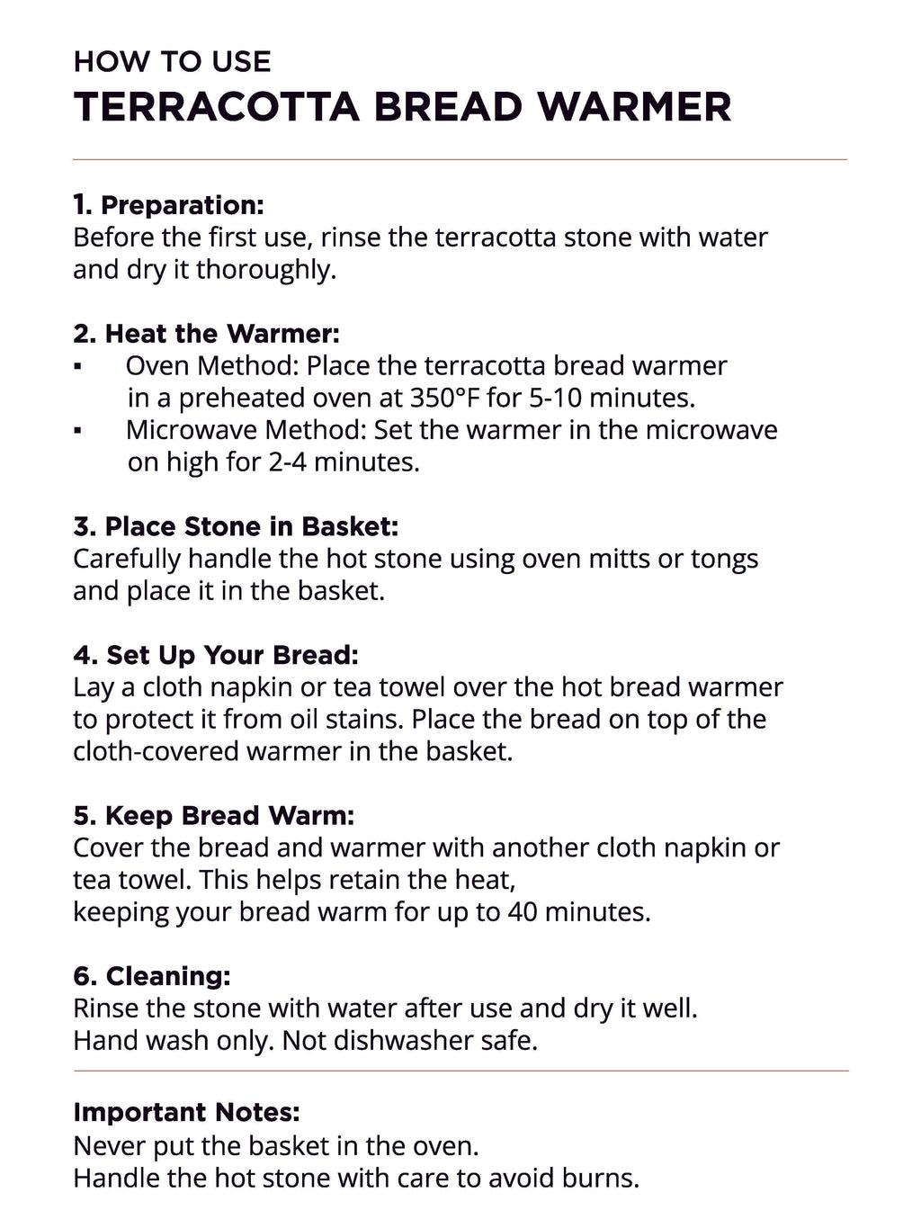 Instructions for using a terracotta bread warmer on a white background